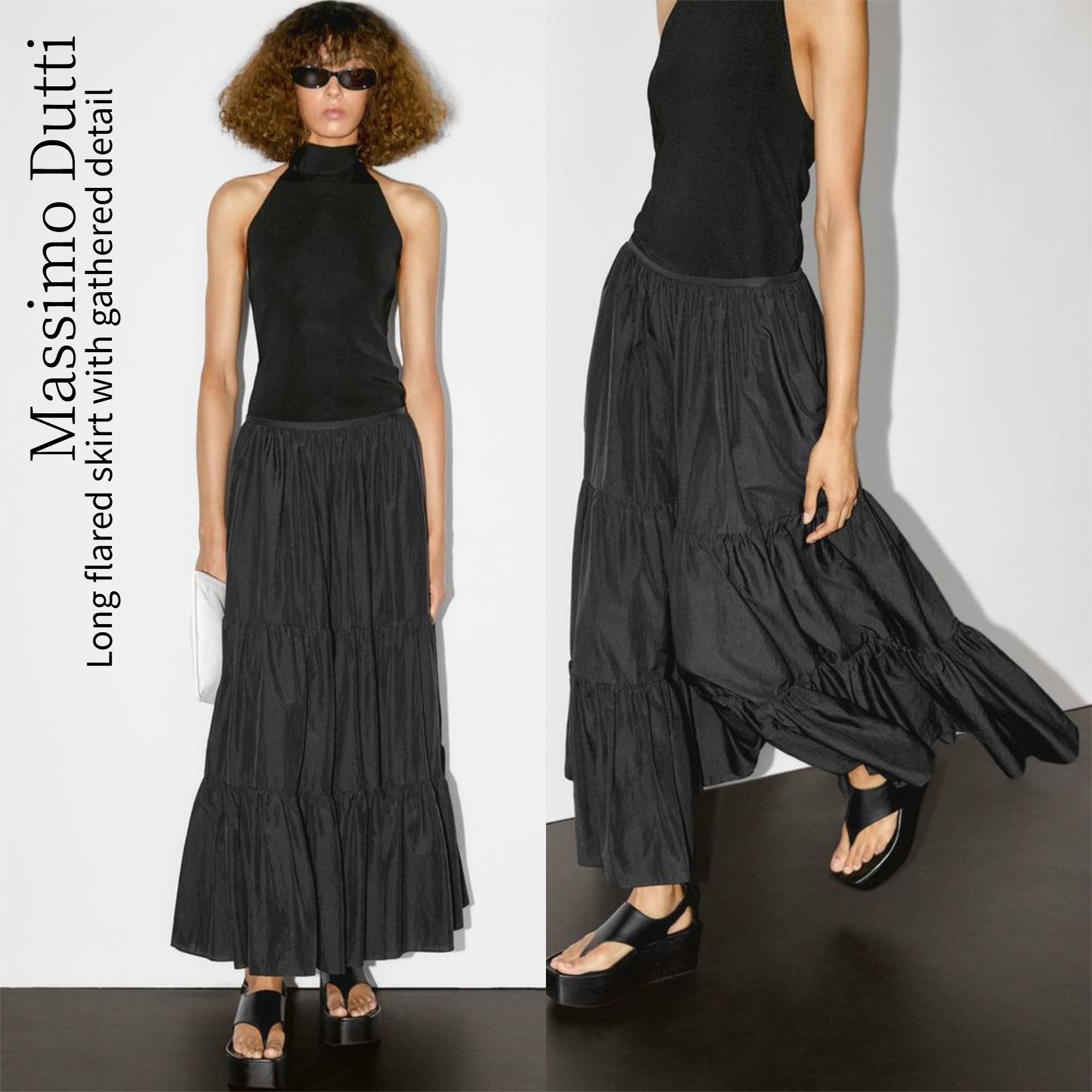 【Massimo Dutti】Long flared skirt with gathered detail
