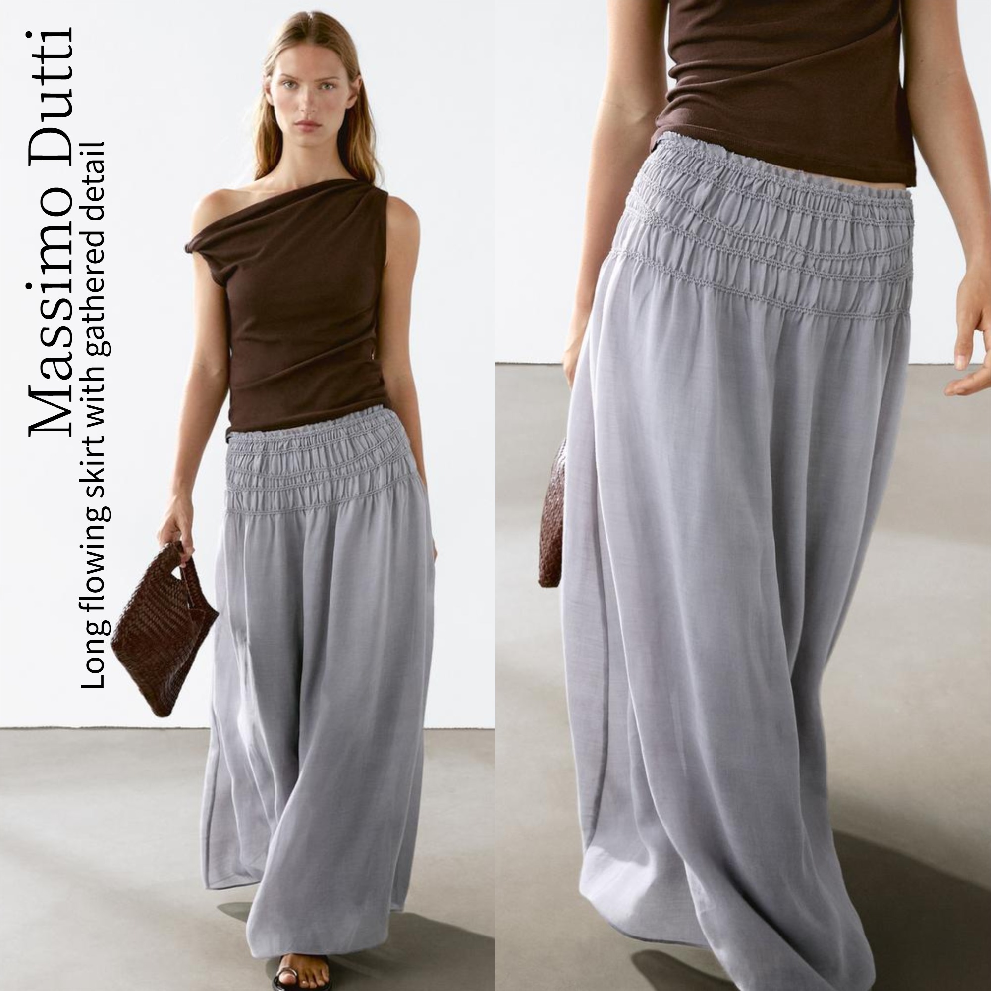 【Massimo Dutti】Long flowing skirt with gathered detail