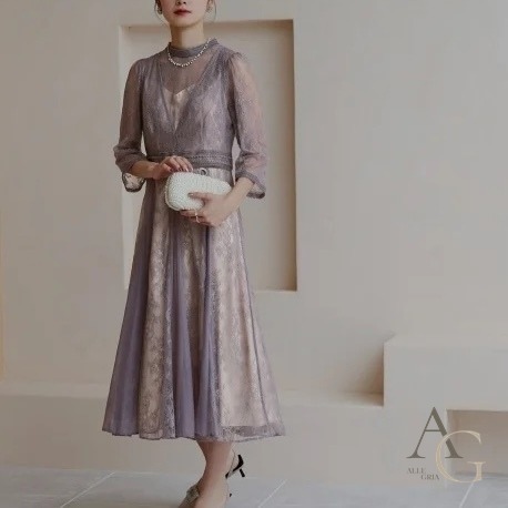 ドレス 総レース シアー 花柄 長袖 5色 上品 パーティー 結婚式