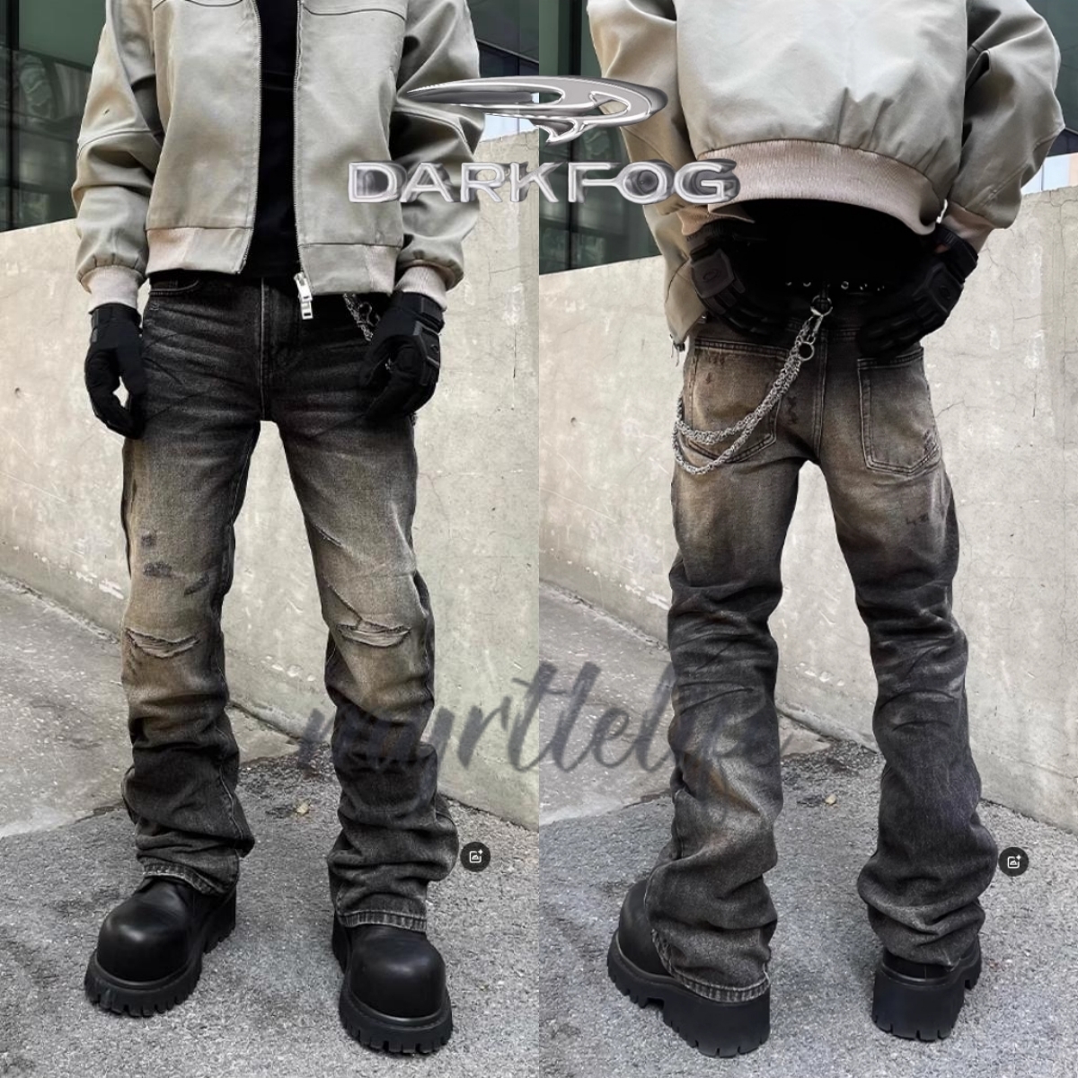 DARK FOG★Distressed Black Destroyed Straight Jeans DF16