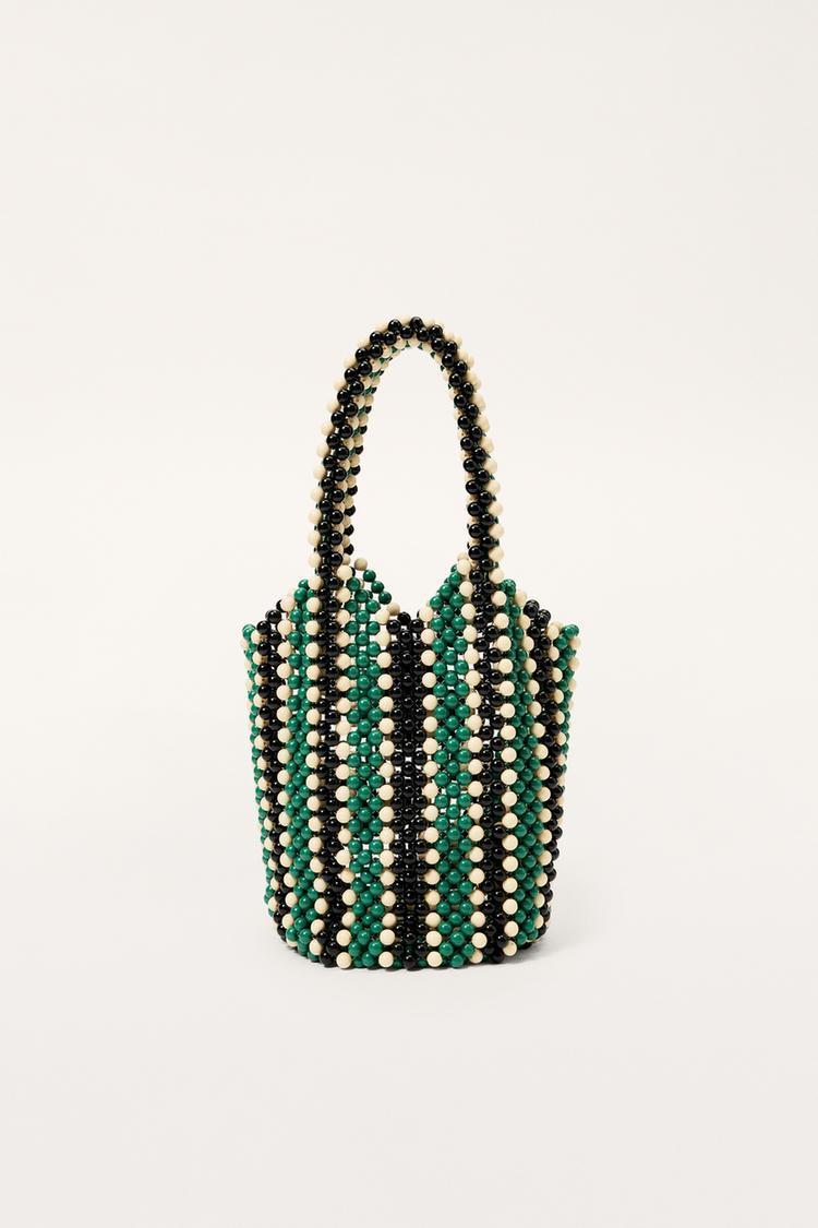 【ZARA】LIMITED EDITION STRIPED BEADED BUCKET BAG / Green