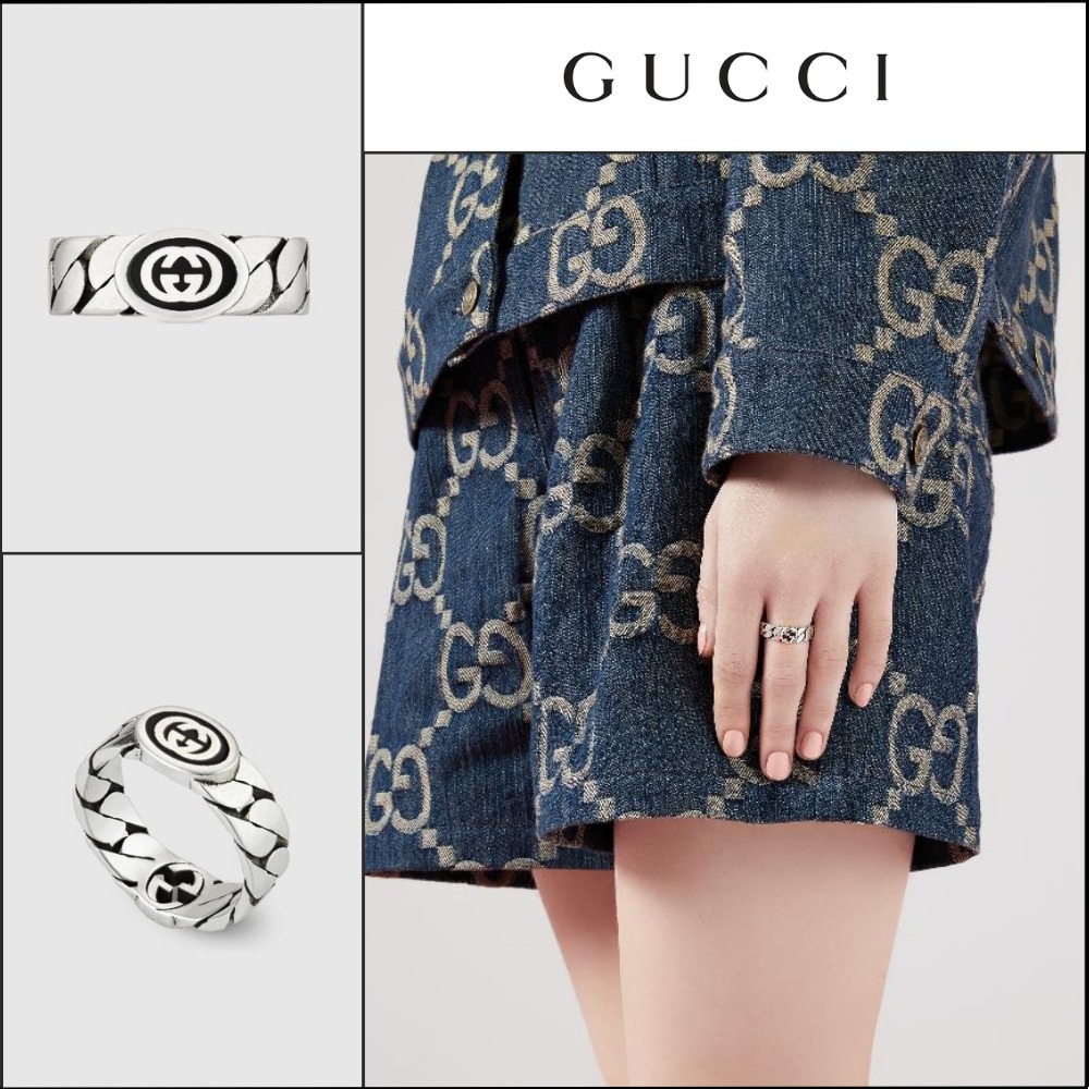 【GUCCI】Interlocking Enamel Chain Wide Ring BLACK