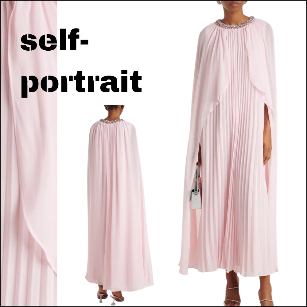 【self-portrait】ミディ ドレス シフォン フレア ケープ ピンク