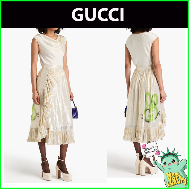 GUCCI★素敵！ゴールドシルクラッフルGGラビットラップスカート