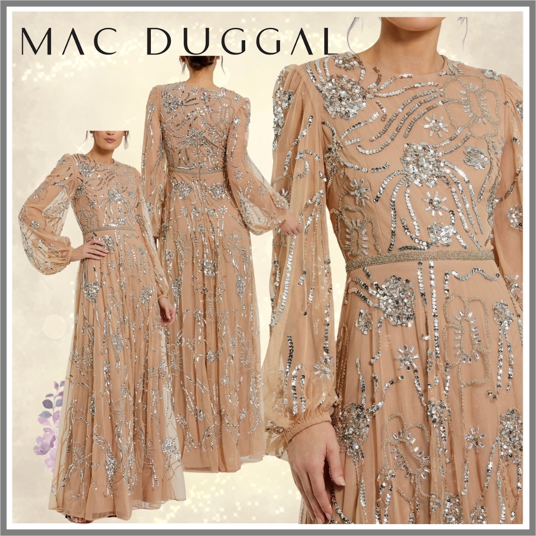 【Mac Duggal】エンベリッシュド ハイネック パフスリーブガウン