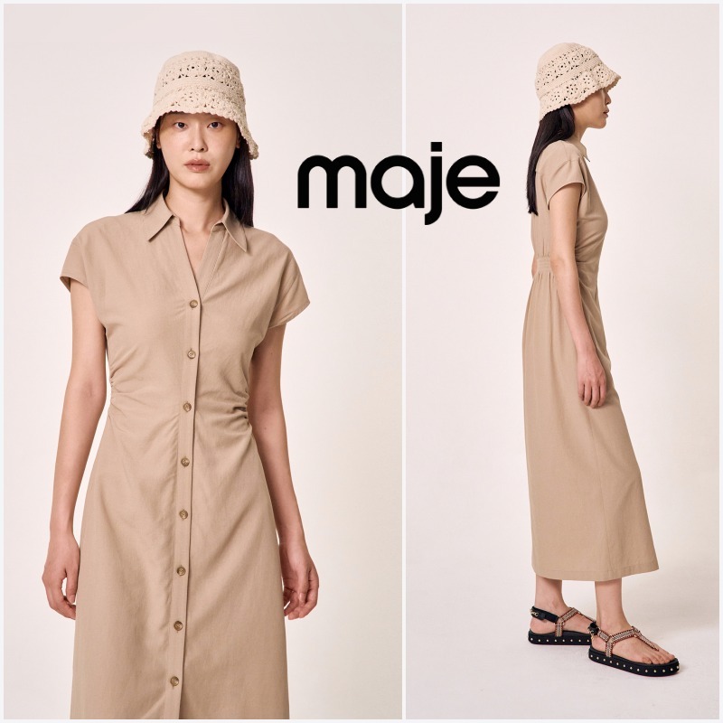 【MAJE】リネン シャーリング ロングワンピース - ベージュ