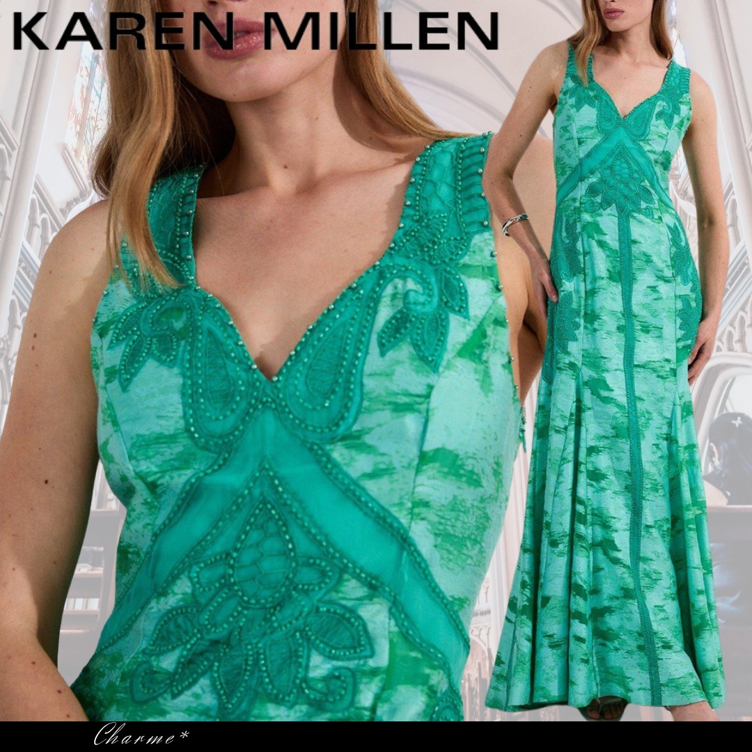 KAREN MILLEN マキシドレス ワンピース フレア ビジュー Vネック