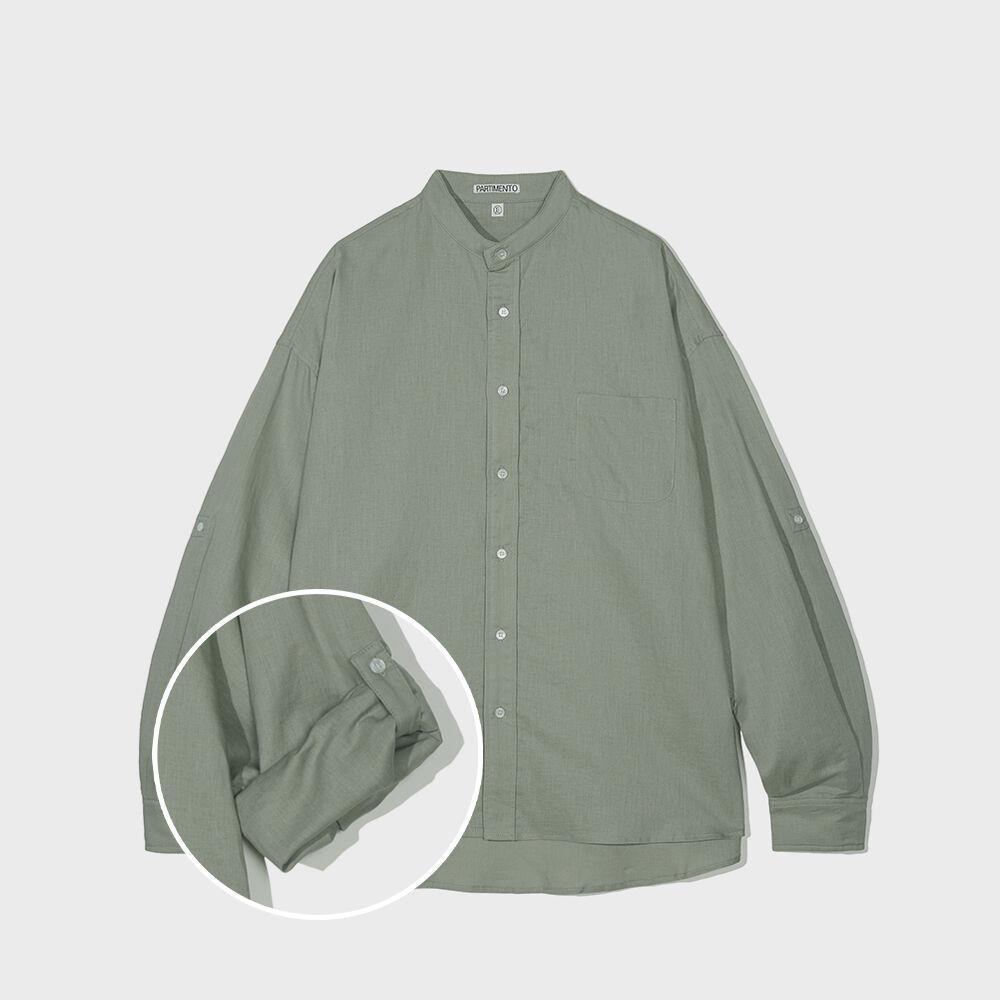 ★PARTIMENTO★ Linen Stand Collar Roll Up Shirt Mint Gray