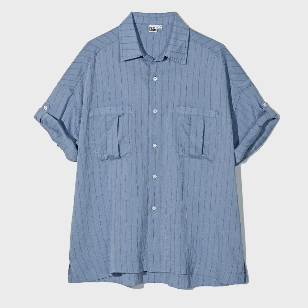 ★PARTIMENTO★ Chalk Stripe Roll Up Half Shirts Blue