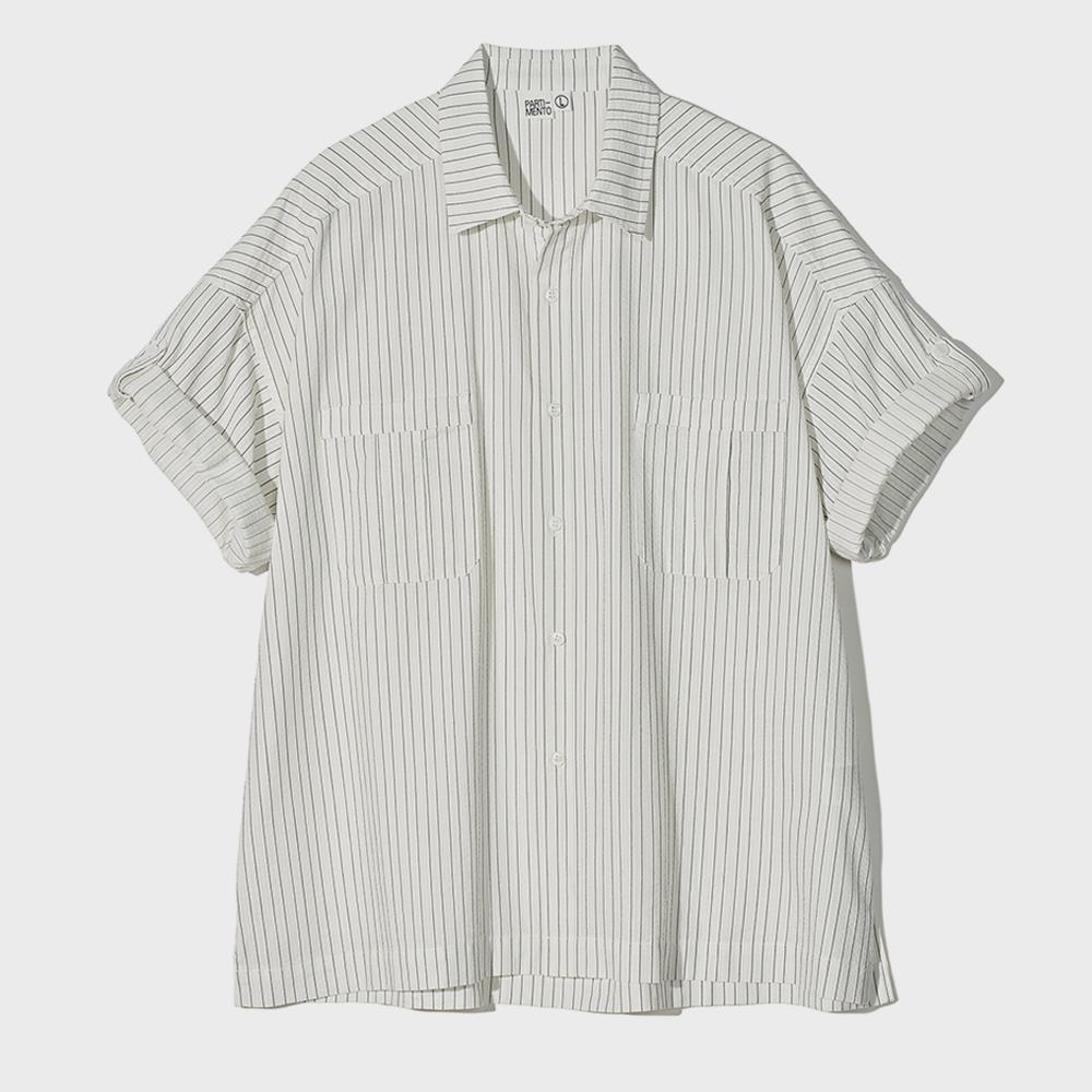 ★PARTIMENTO★ Narrow Stripe Roll Up Half Shirts Off White