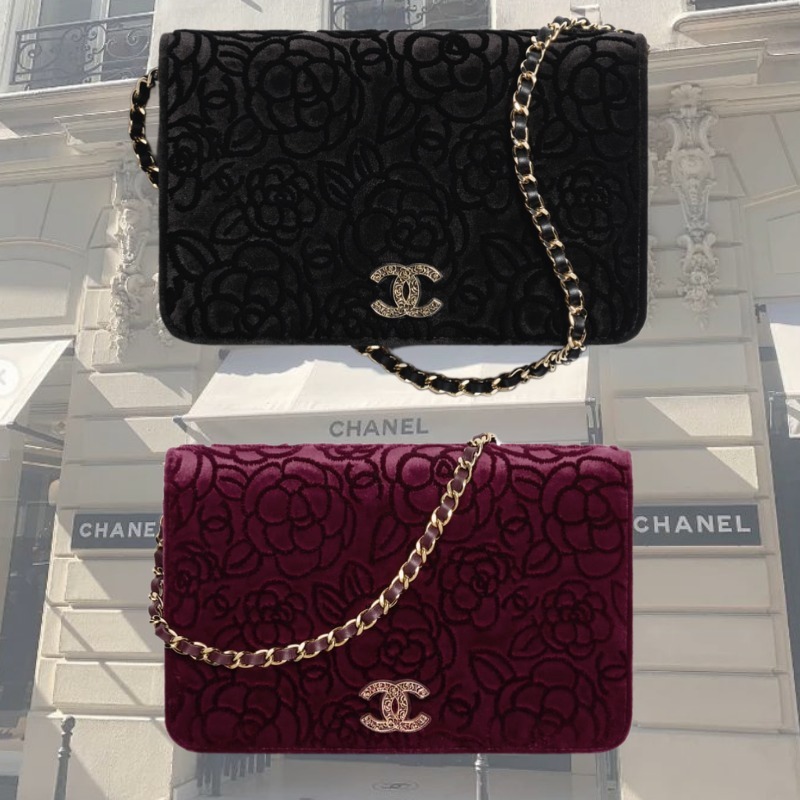 ★25A★【CHANEL】カメリアベロアチェーンウォレット