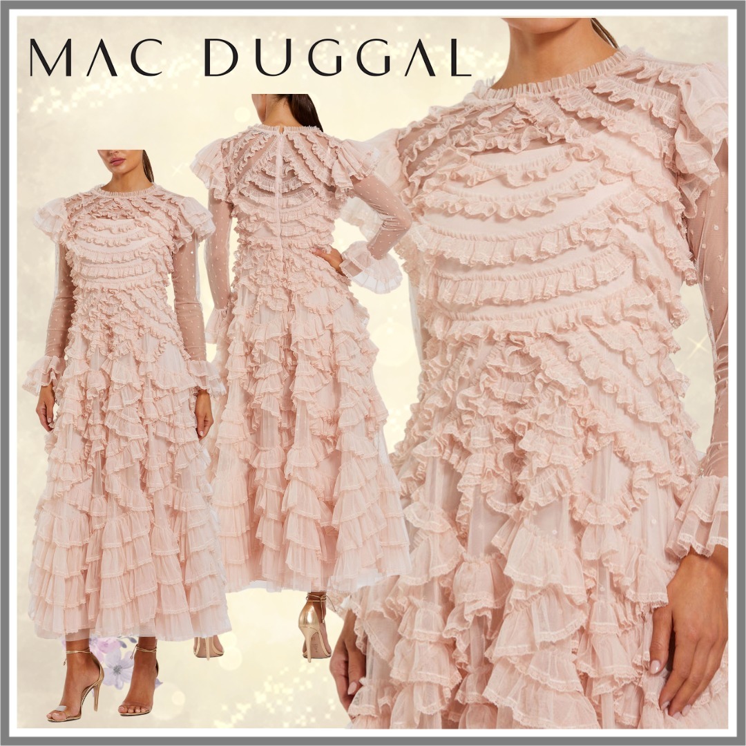 【Mac Duggal】ティアードフリルトリムロングスリーブドレス