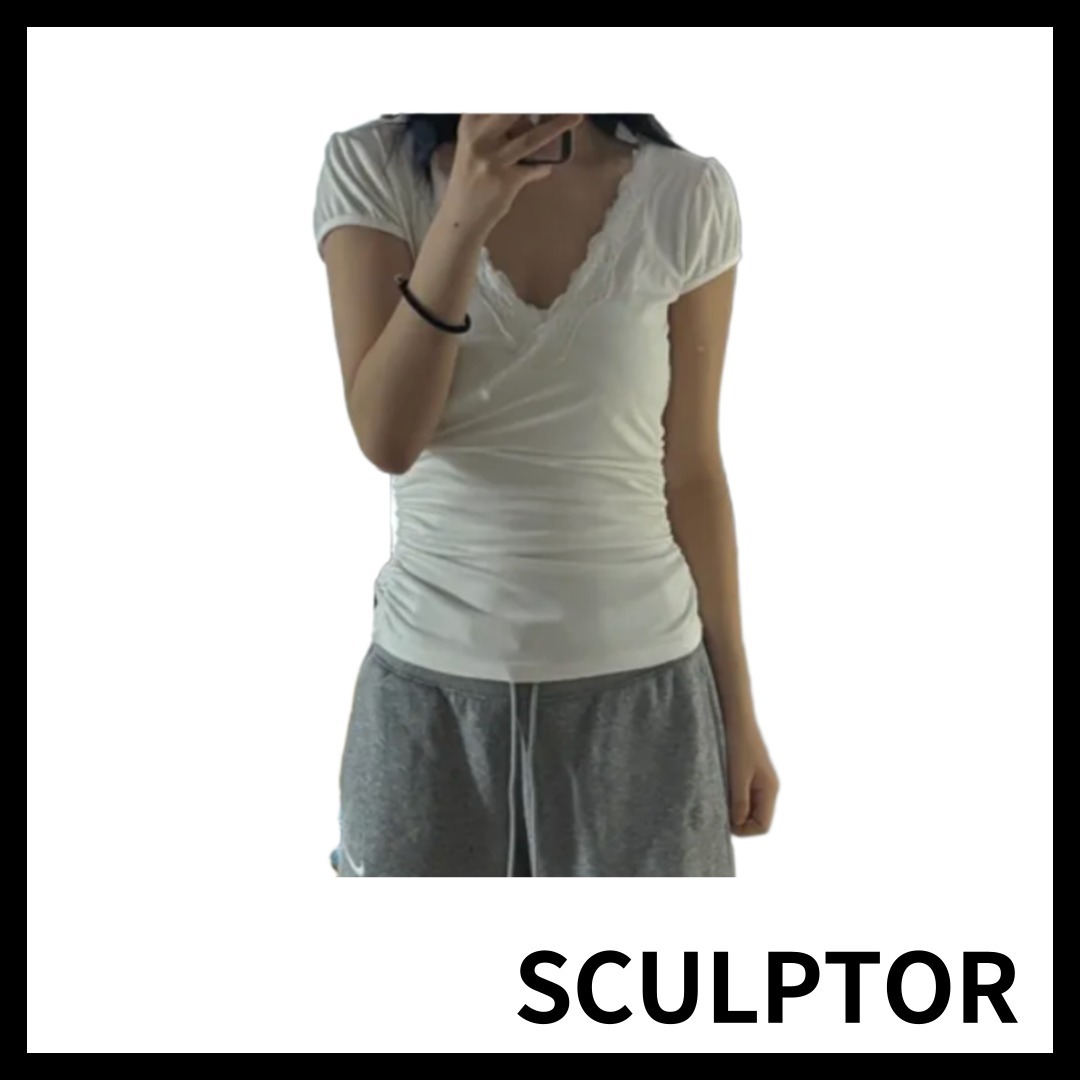 Tシャツ・カットソー [SCULPTOR] Lace Trim Wrap Tee White SC24S261WH