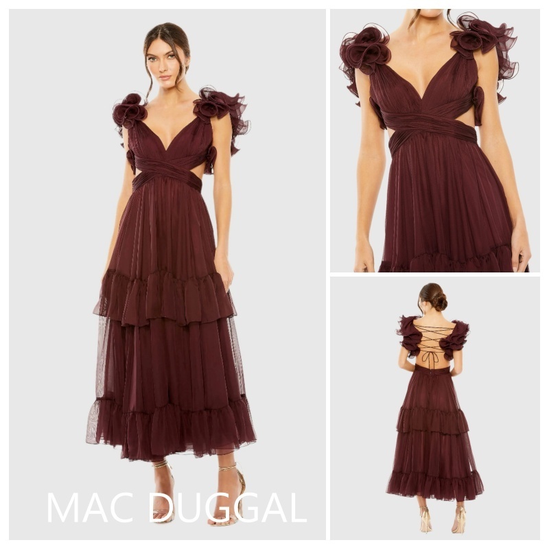 【MAC DUGGAL】ラッフルティアードカットアウトドレス ボルドー