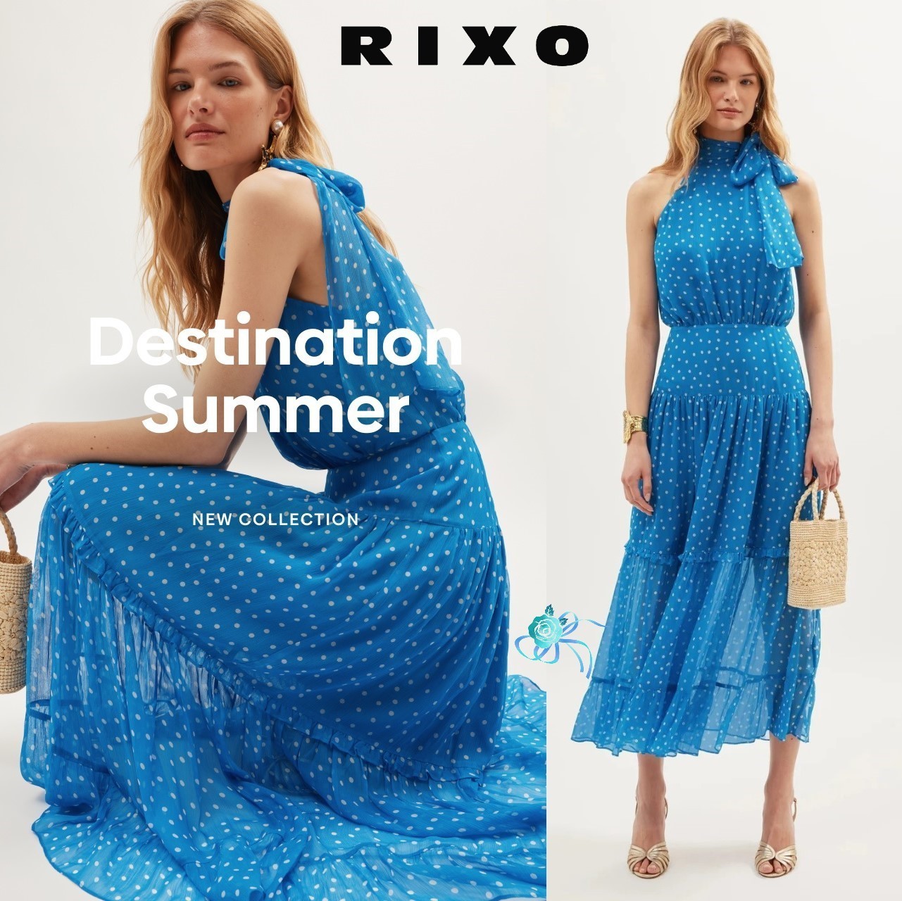 国内発| RIXO ホルター&スカーフネック ドット柄ドレス