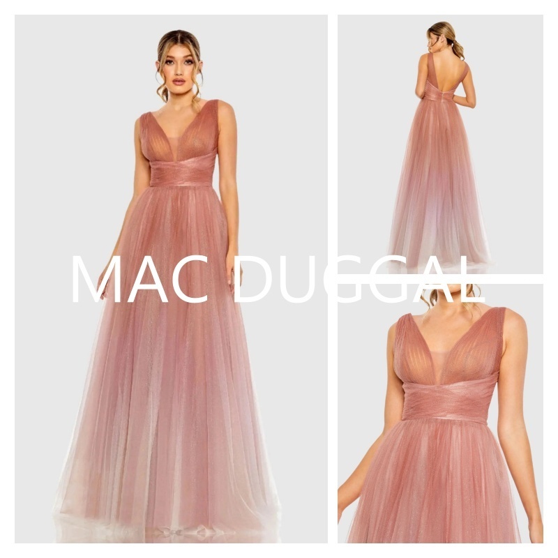 【Mac Duggal】グリッターVネックロングドレス ピンク