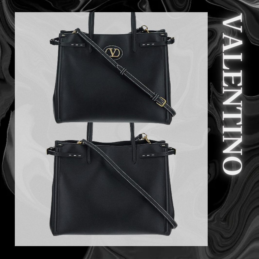 VALENTINO レザー ロゴ ミディアム ハンドバッグ ブラック