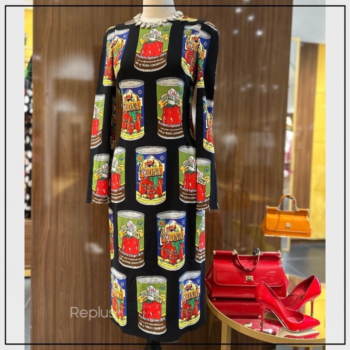 【Dolce&Gabbana】トマト缶プリント ロングスリーブ ドレス 黒