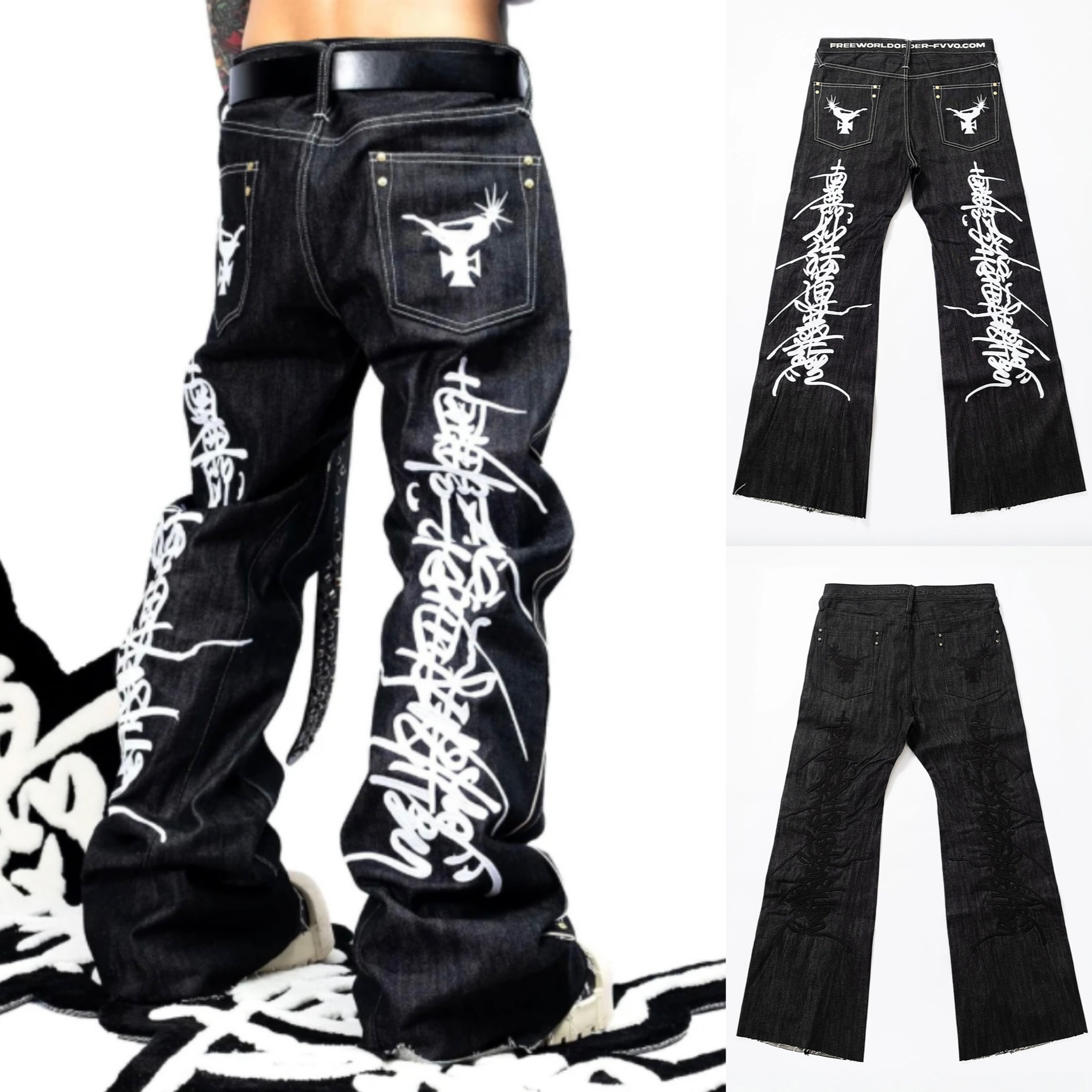 話題沸騰中 FVVO - Embroidered Double-Knee Raw Denim Pants