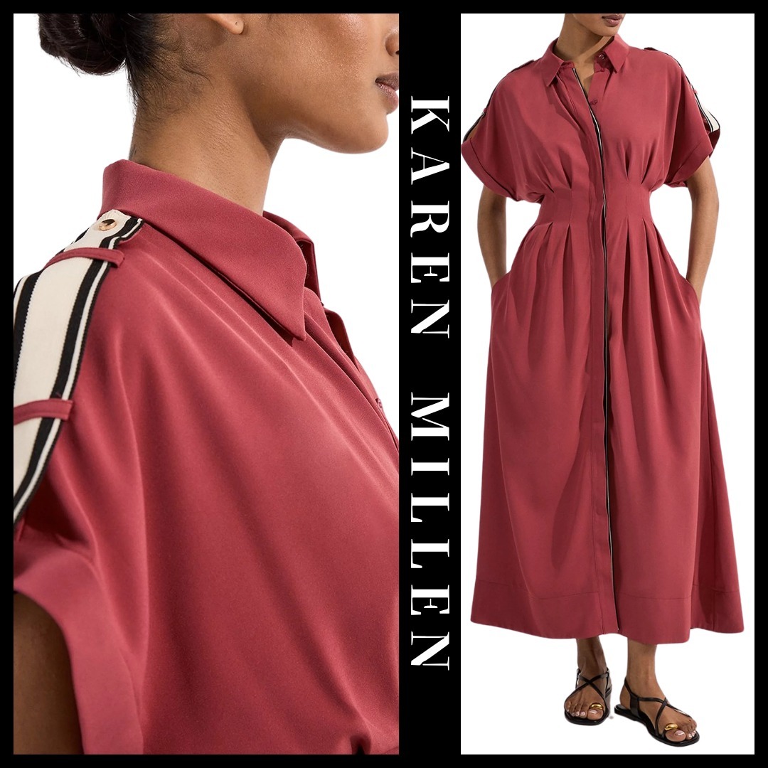 KAREN MILLEN 日本未入荷 ジッパー 襟 ドレープ ストライプ 無地