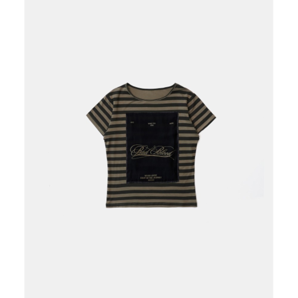 ★BADBLOOD★ Dark Classic Stripe T-Shirt Khaki Black