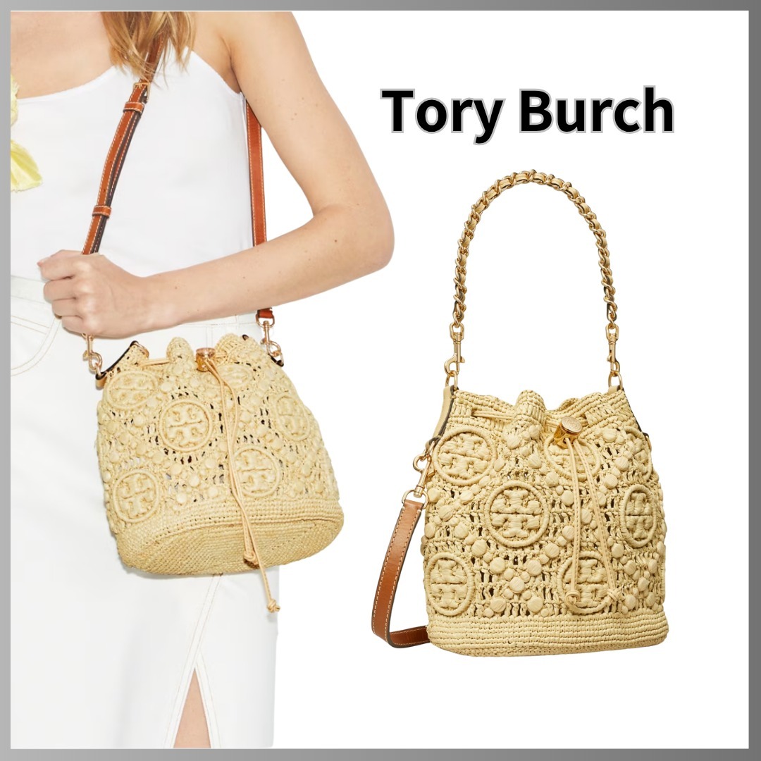 【Tory Burch】TORY BURCH RAFFIA T-MONOGRAM BUCKET BAG