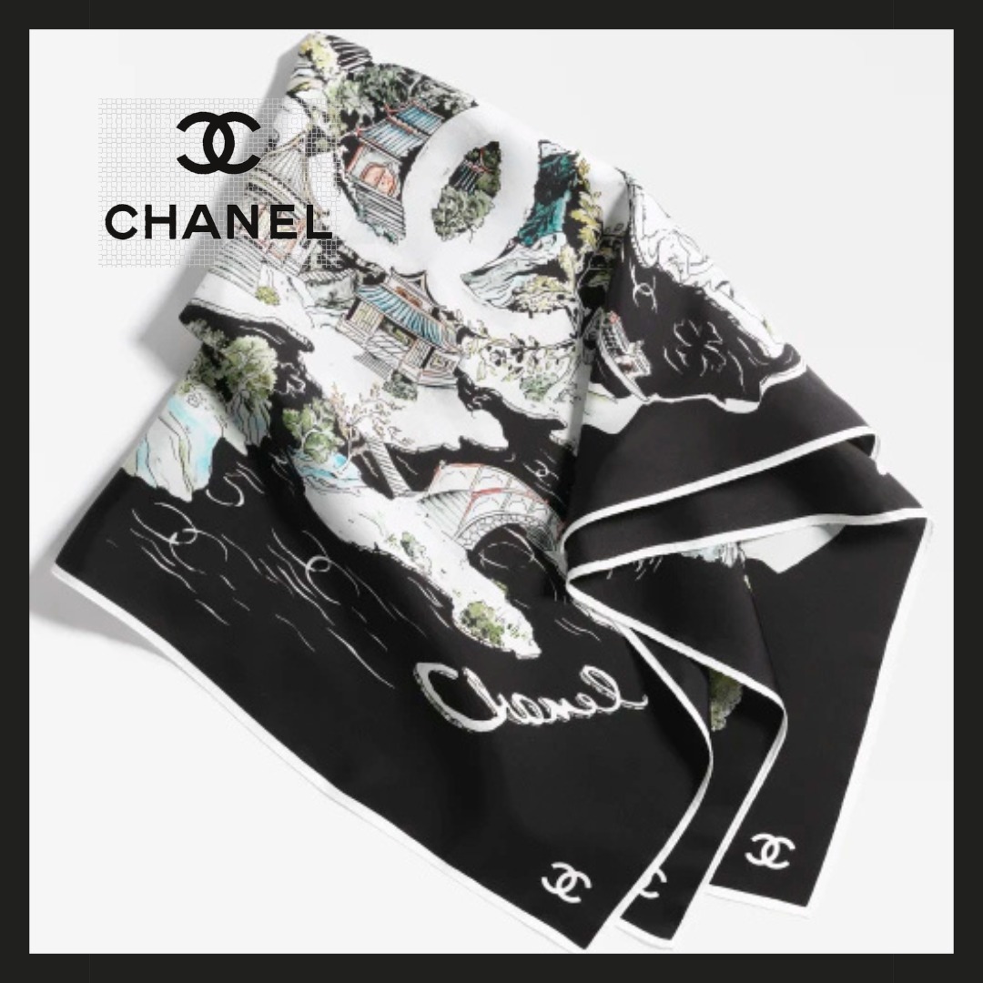 25A【まるで絵のようなデザイン】CHANEL シルクスカーフ