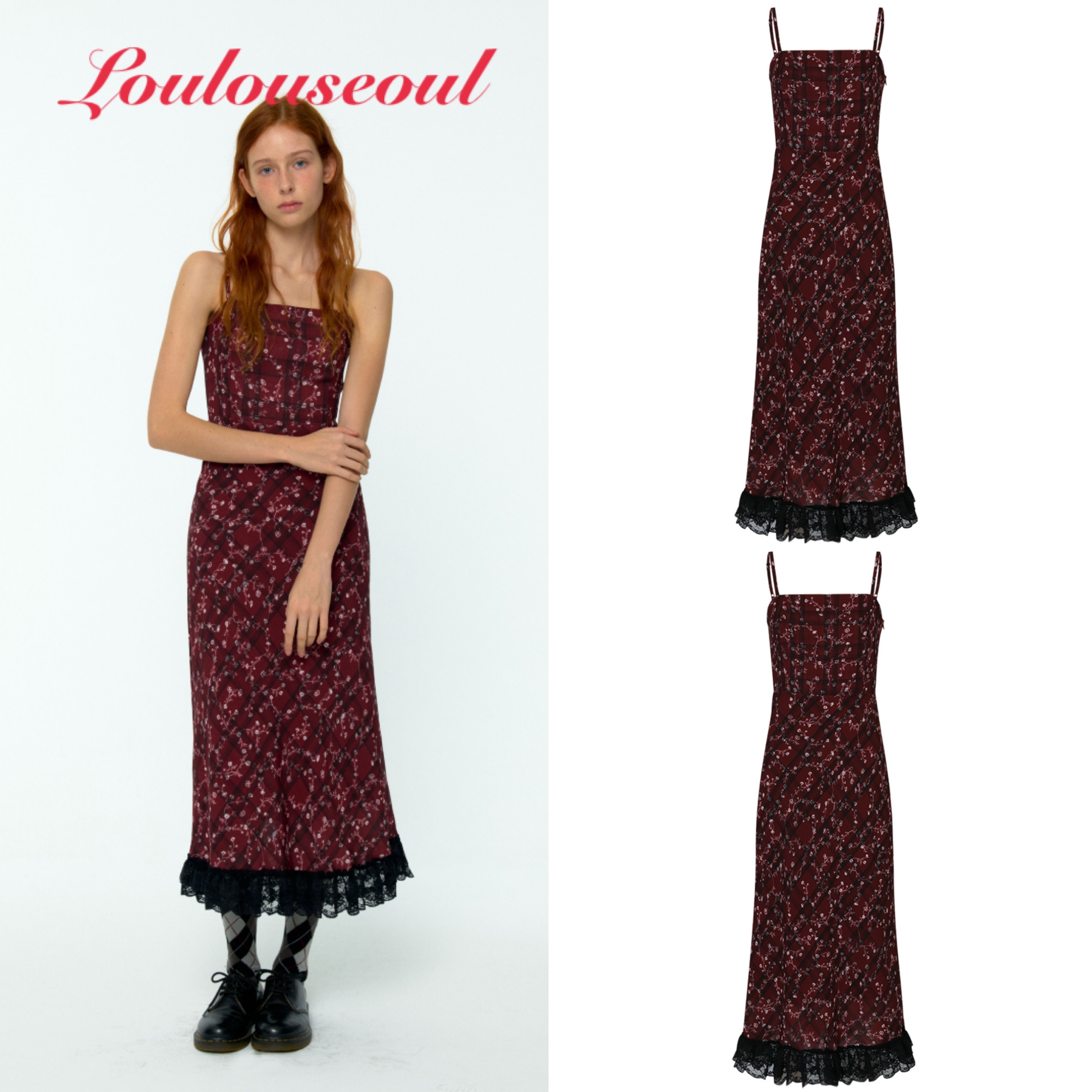 【韓国Loulouseoul ルルソウル】Check Flower Slim Long Dress