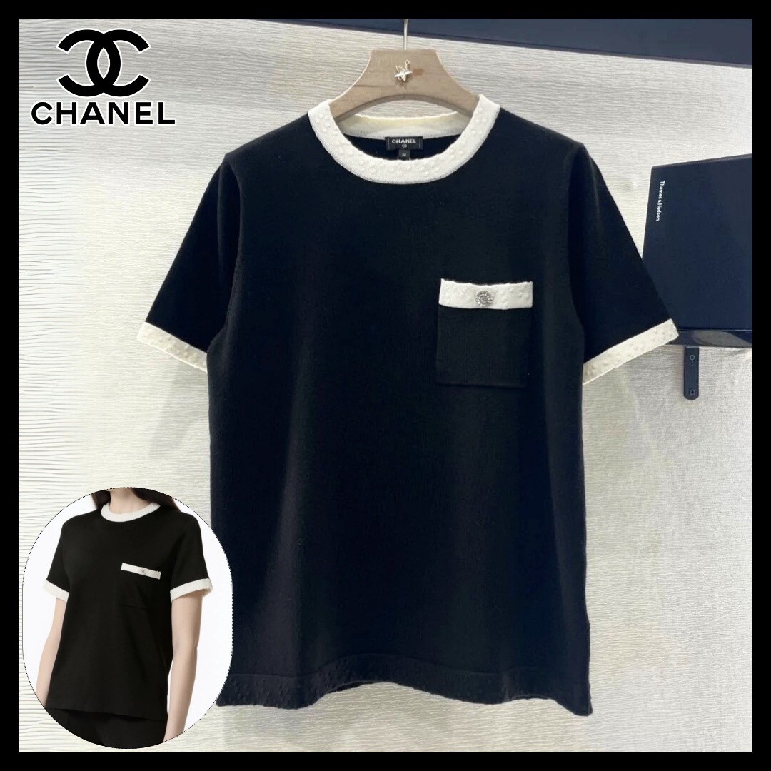 【大人可愛いバイカラーパイピング♪】CHANEL トップス 白 黒