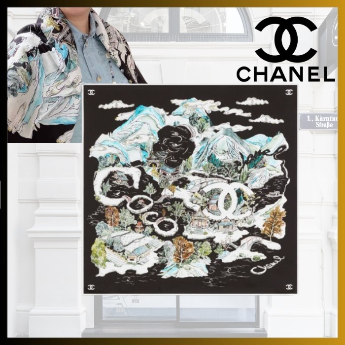【25A デザイン性抜群 /まるでアート】CHANEL スカーフ 90cm