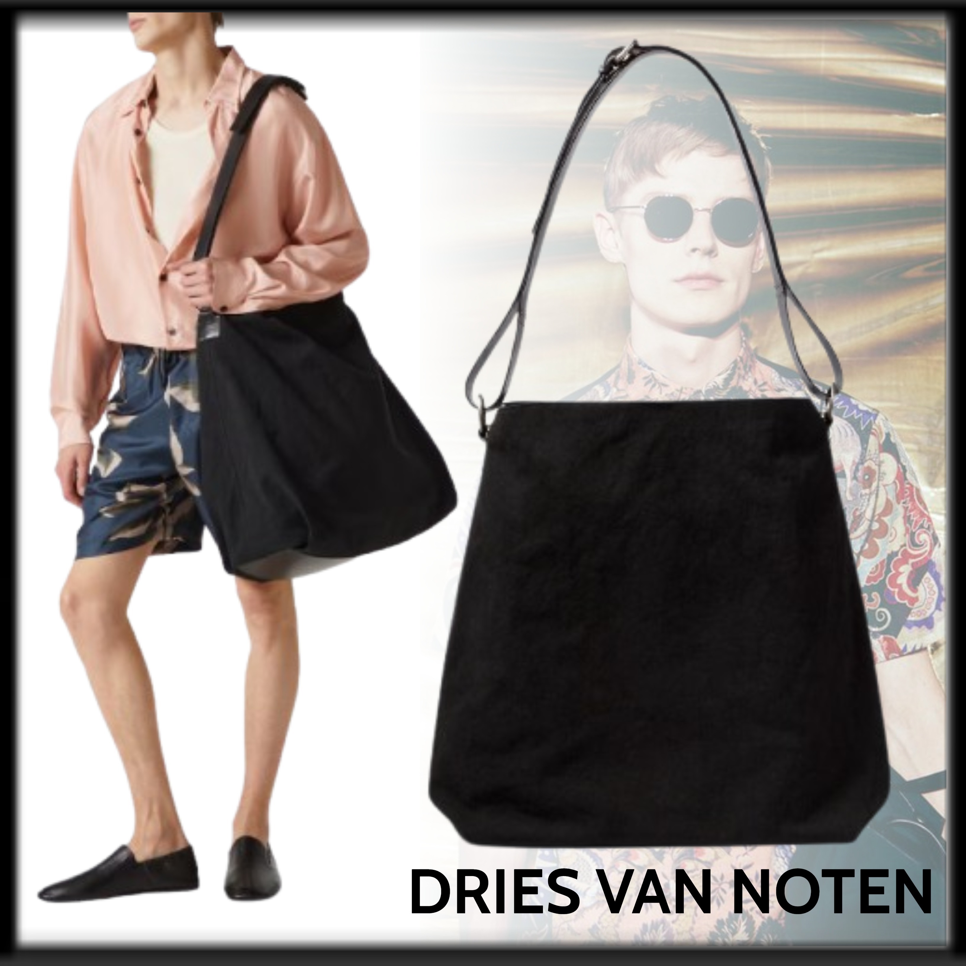 Dries Van Noten レザートリム キャンバス ショルダーバッグ