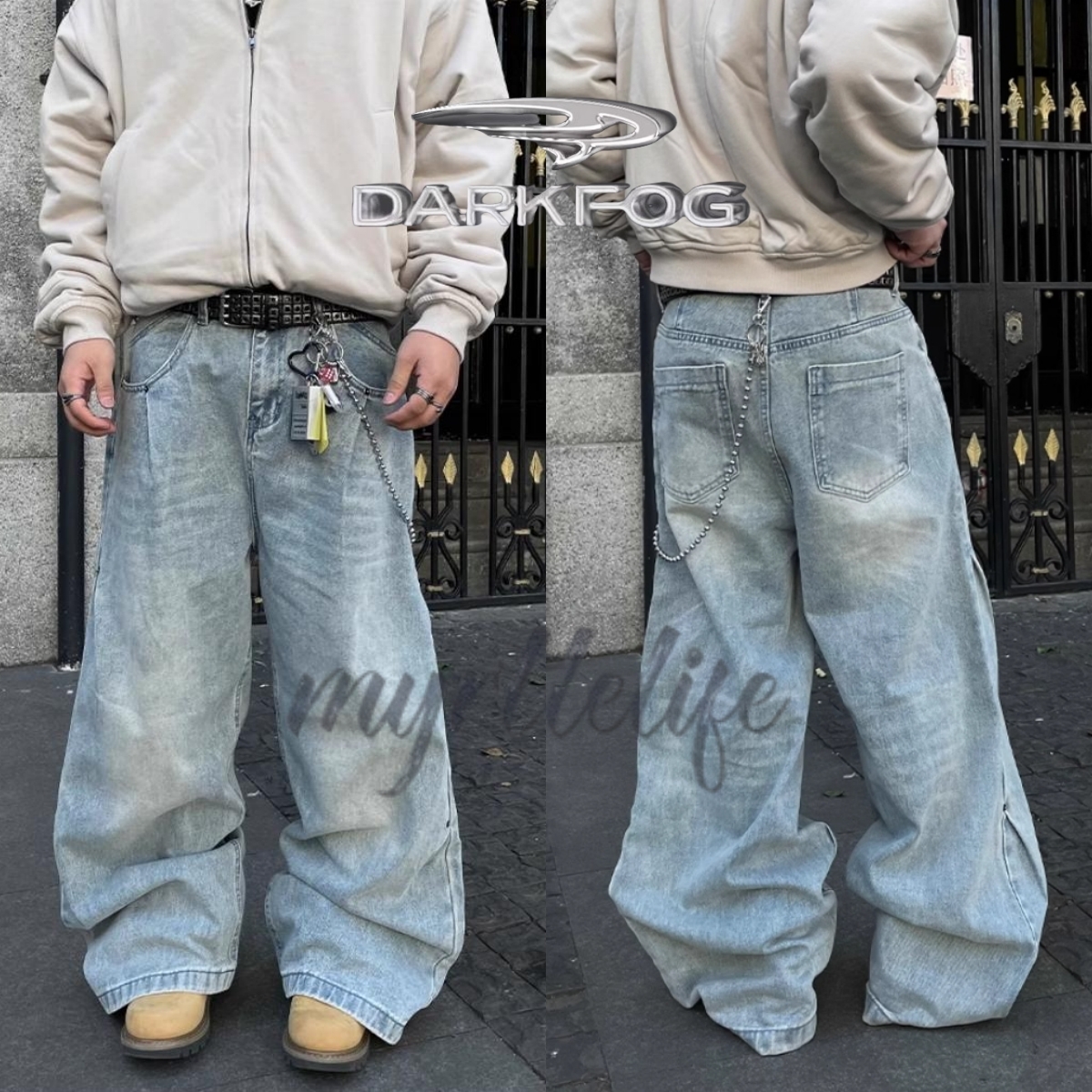 DARK FOG★Washed wide-leg jeans with double side pleats DF32