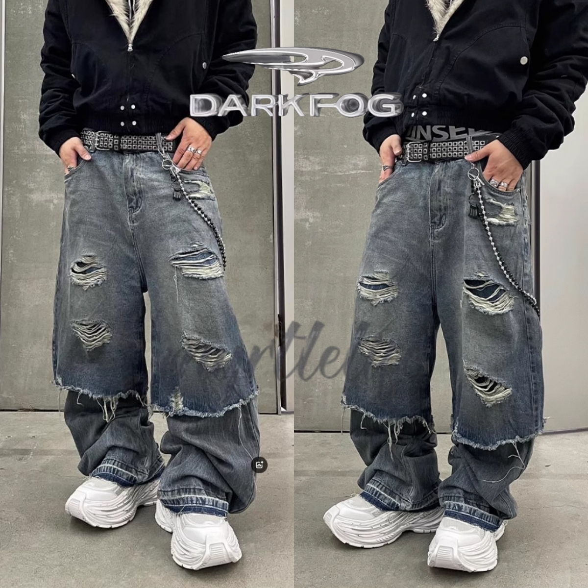 DARK FOG★Vintage patchwork ripped wide-leg jeans DF42