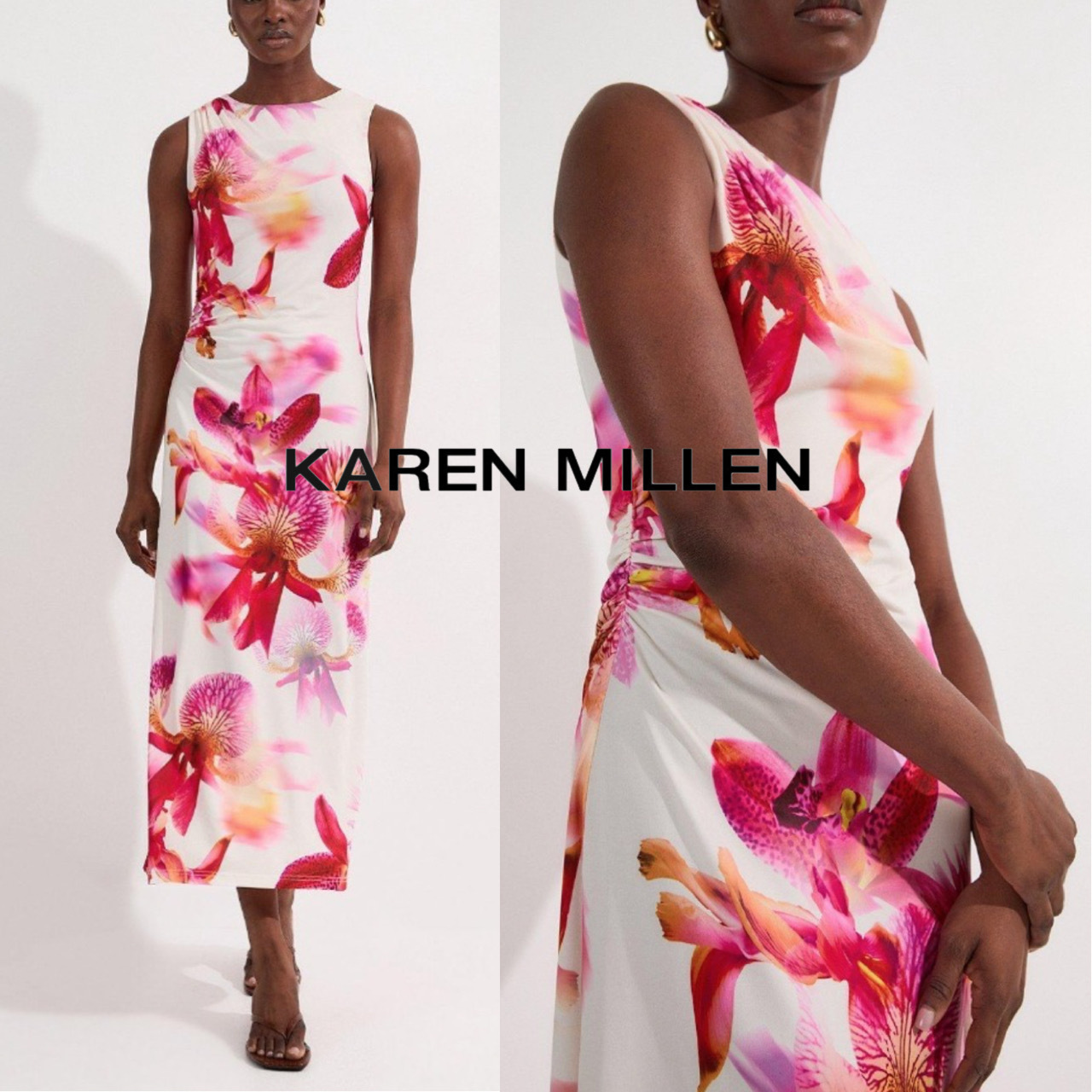 【KAREN MILLEN】プチ 抽象花柄プリント クレープマキシドレス