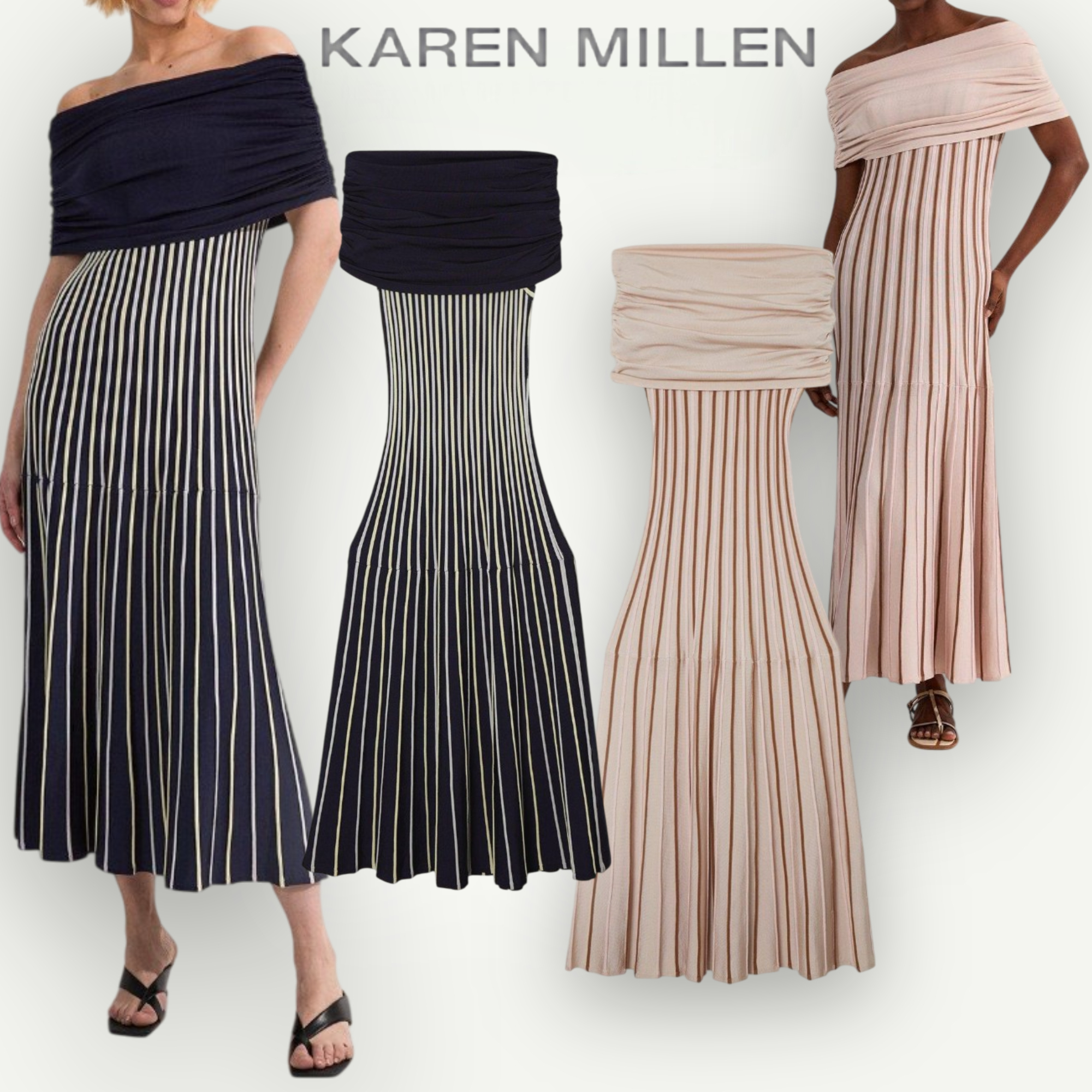 【KAREN MILLEN】ストライプ オフショルダー マキシ ドレス