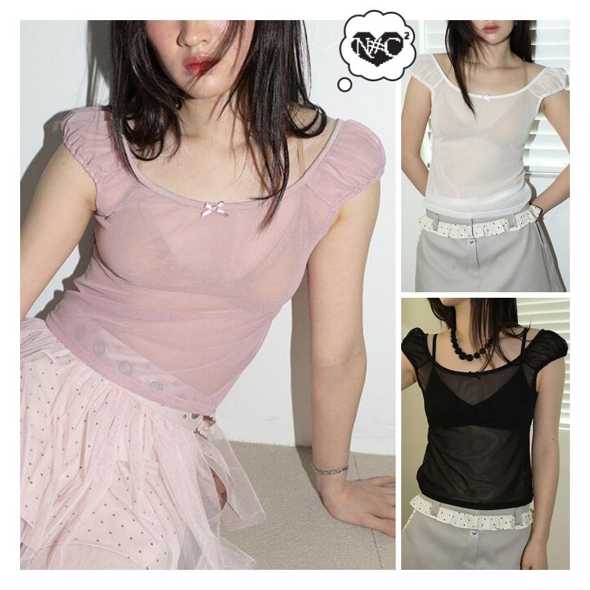 【NOFFICIALNOFFICE】 SEE-THROUGH MESH RIBBON TOP