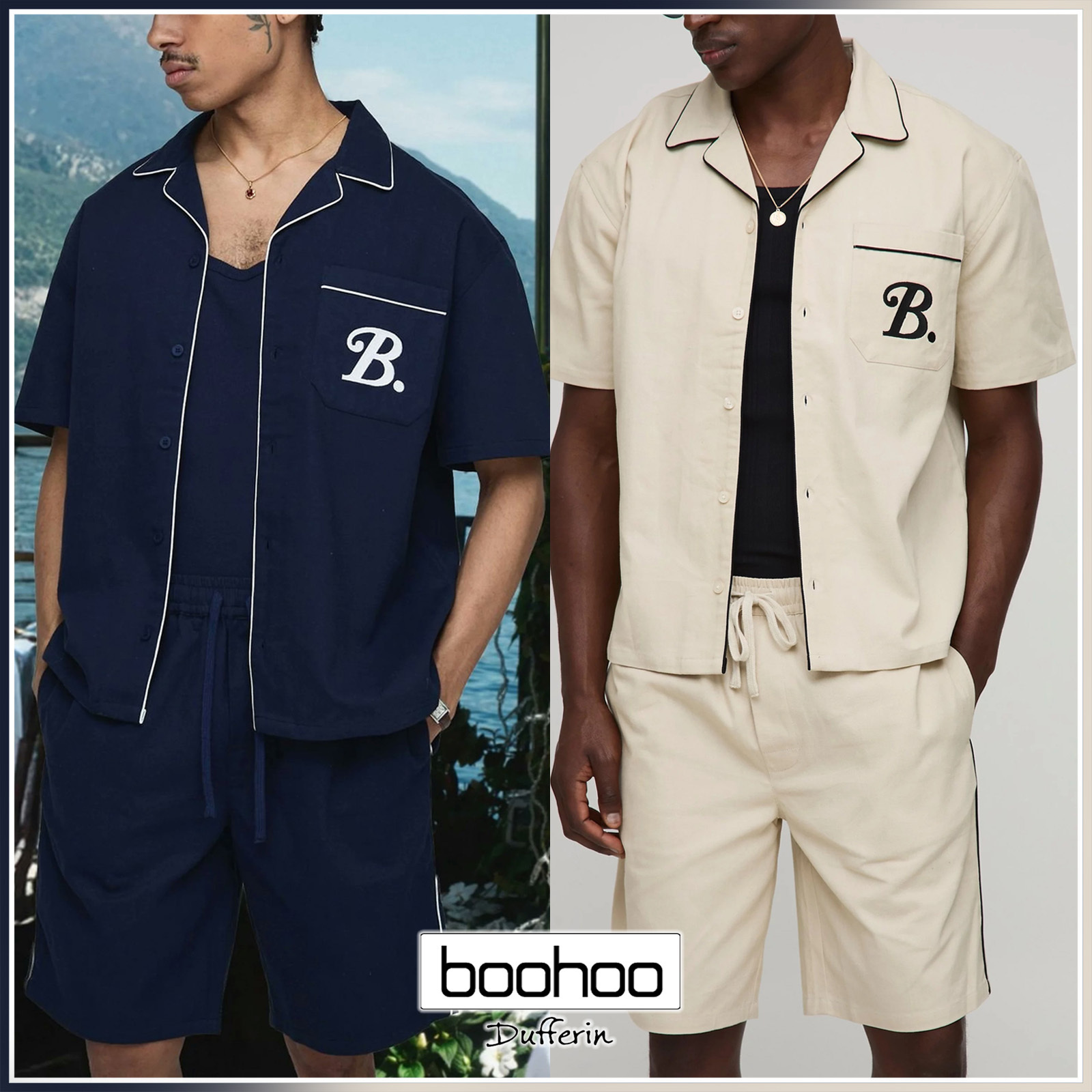boohoo ポケットディテール ツイルシャツ & ショーツ セット