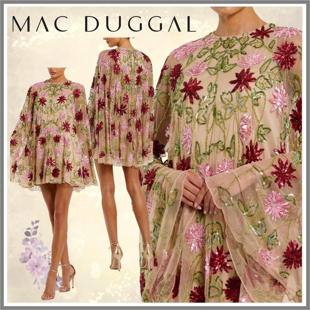 【Mac Duggal】ベージュの花柄装飾ショールミニドレス