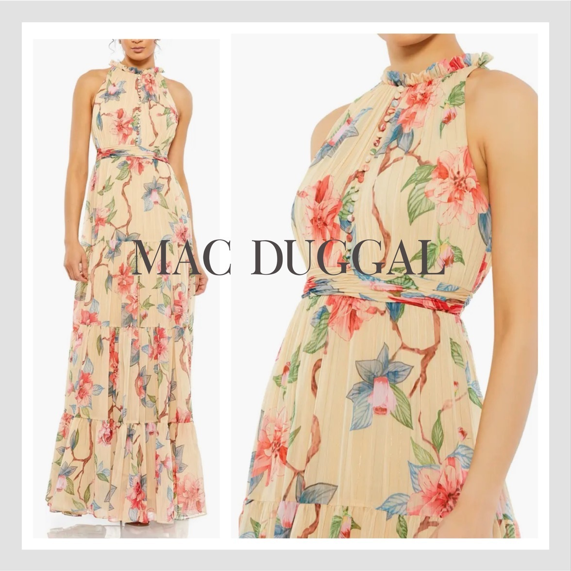 【Mac Duggal】華やかな 花柄 ボタン ハイネック マキシドレス