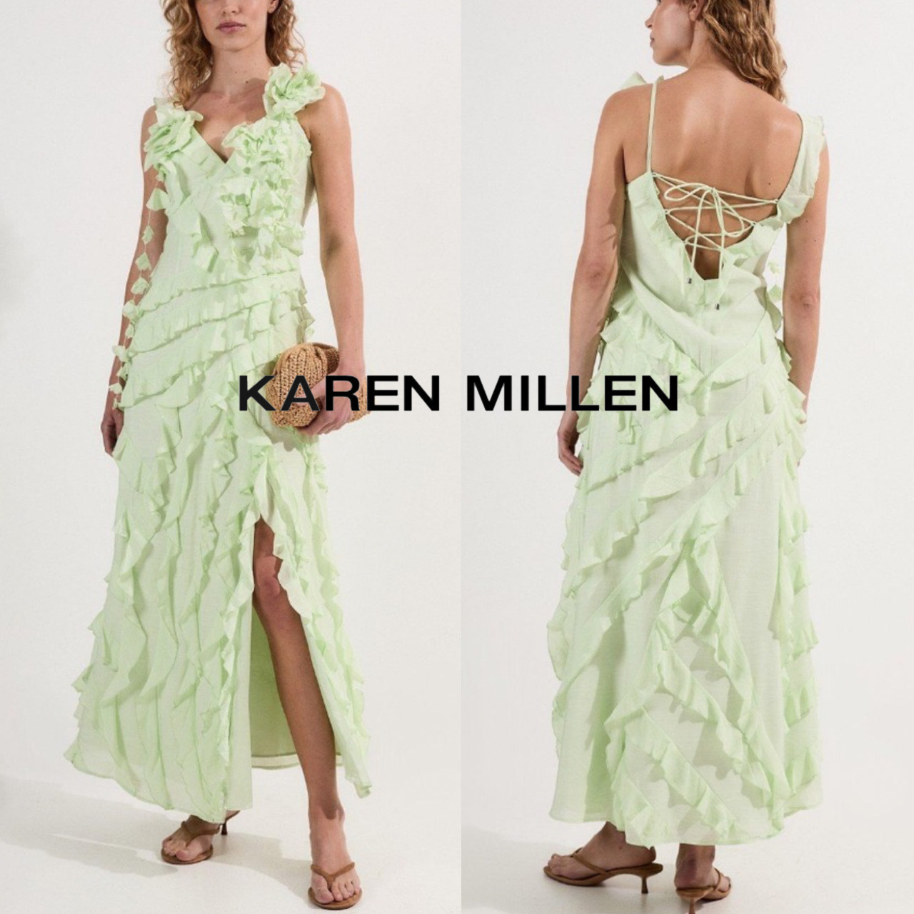 【KAREN MILLEN】プチ装飾フリルストラップ織りマキシドレス
