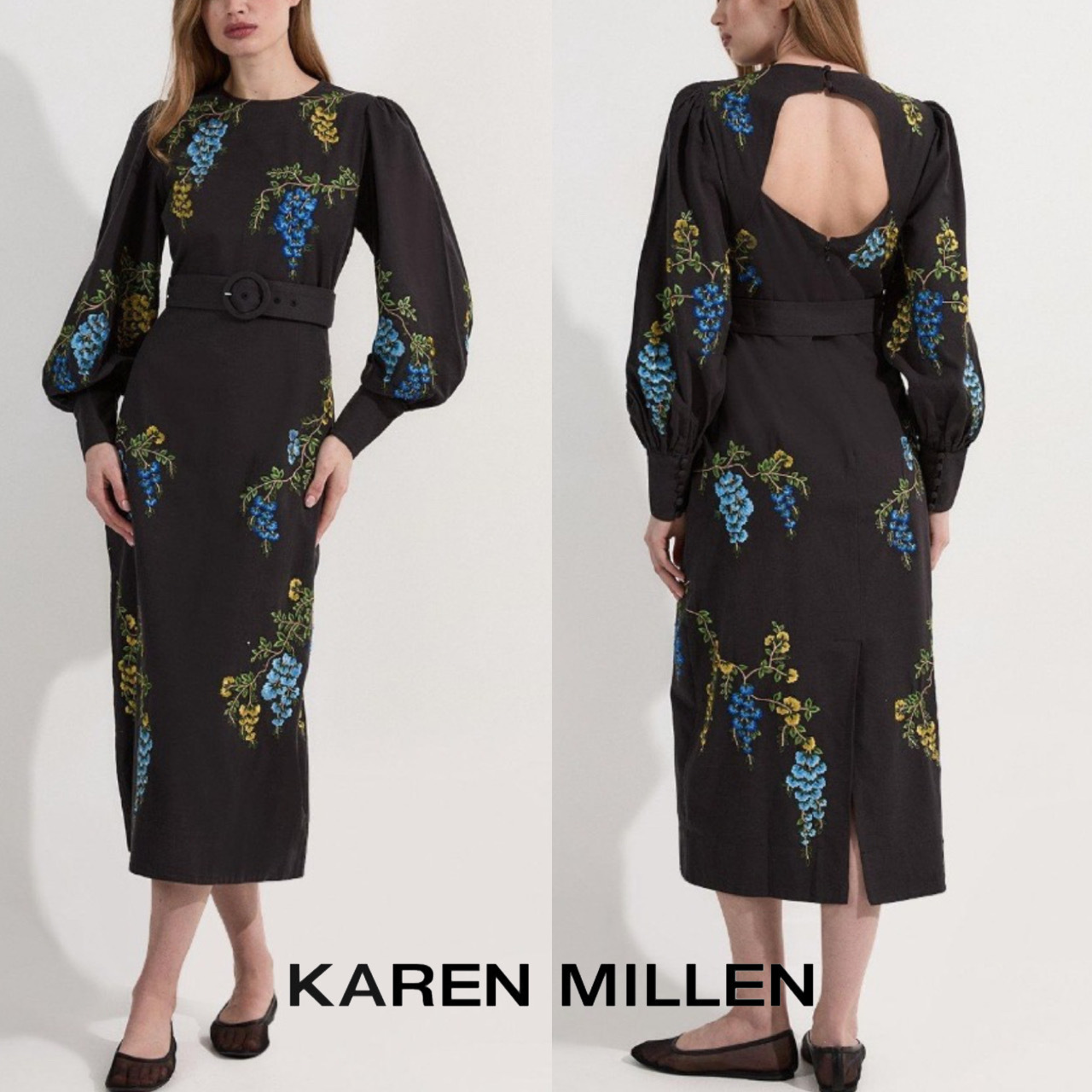 【KAREN MILLEN】花柄刺繍コットンリネン織りミディドレス