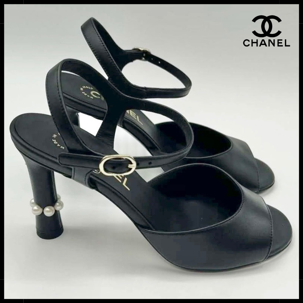 【美脚ヒール♪】CHANEL サンダル ブラック パール ラムスキン