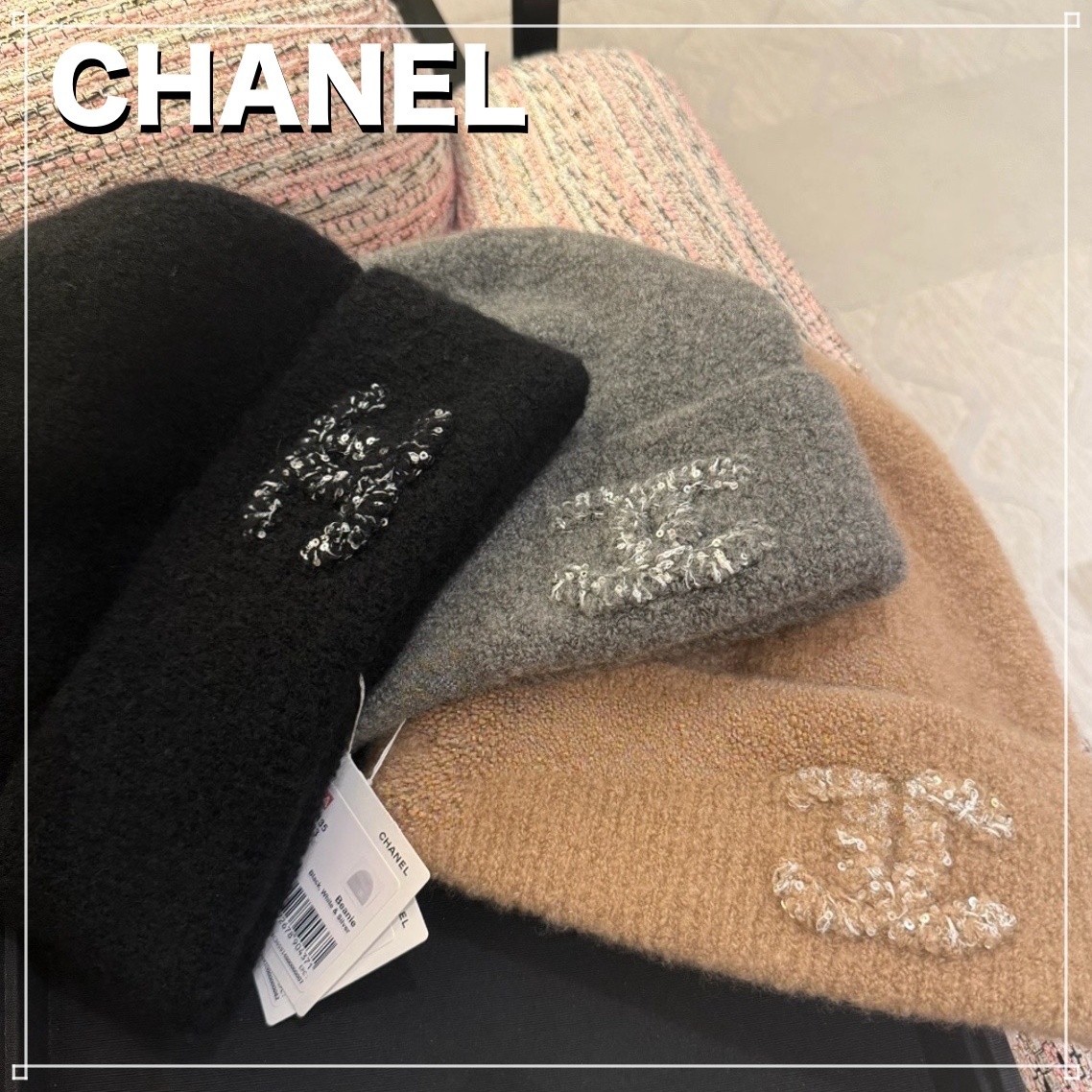 【目を惹くロゴ感】CHANEL 25A ニット帽 CCパッチ付き