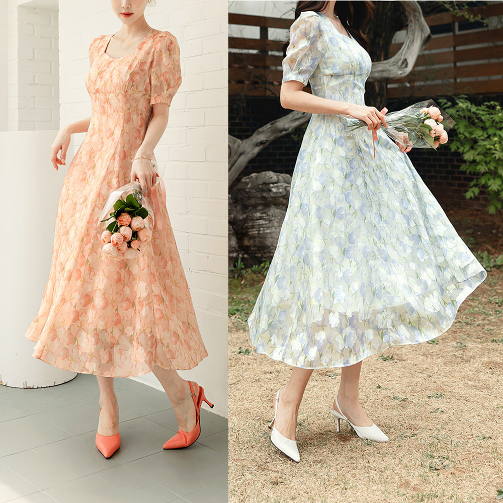 [CHICLINE]フリージア パフ シフォン ワンピース(ロング、ミニ)
