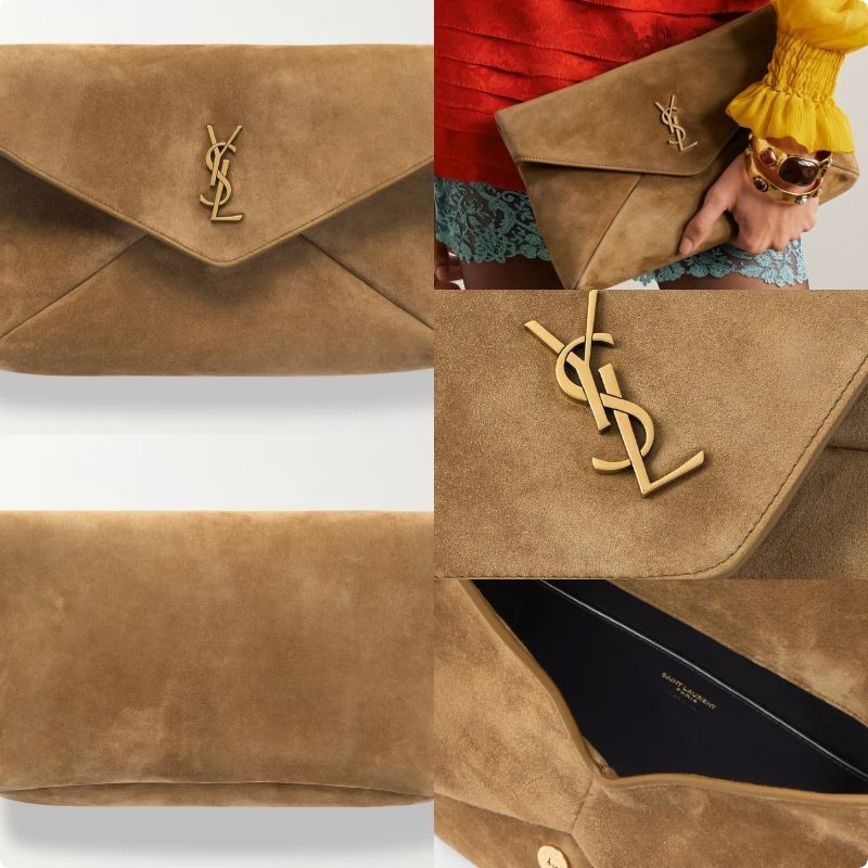 SAINT LAURENT Cassandre スエード クラッチ ブラウン 牛革