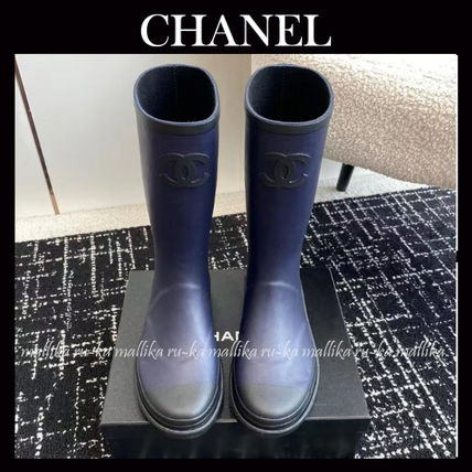 CHANEL シャネル ネイビー レインブーツ 35 ラバー 梅雨