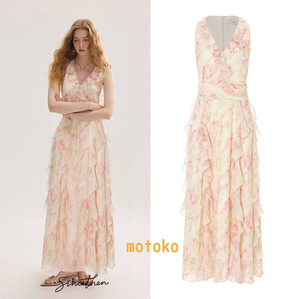 Since Then上品 vネック 花柄 フリル ロングドレス フランス