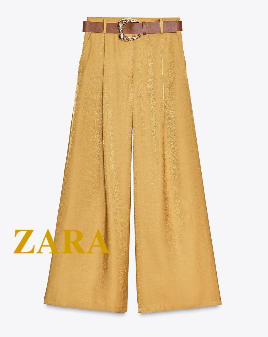 ☆ドイツ発*ZARA*新作*ベルテッドサテンワイドパンツ/GOLDEN☆