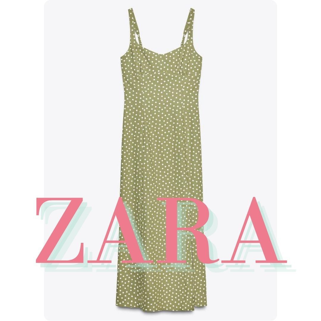 ZARA リネン水玉ミディワンピース 8008/677