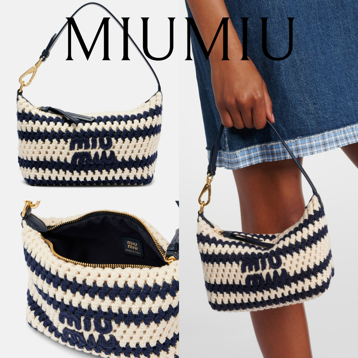新作*MIUMIU*かぎ針編みストライプニット ショルダーバッグ ロゴ